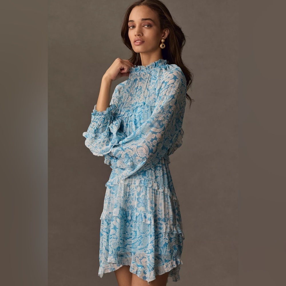 NWT By Anthropologie Long-Sleeve Backless Sheer Ruffle Mini Dress